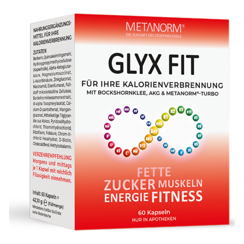 Verpackung des Nahrungsergänzungsmittels GLYX FIT zur Unterstützung der Kalorienverbrennung mit verschiedenen Inhaltsstoffen.