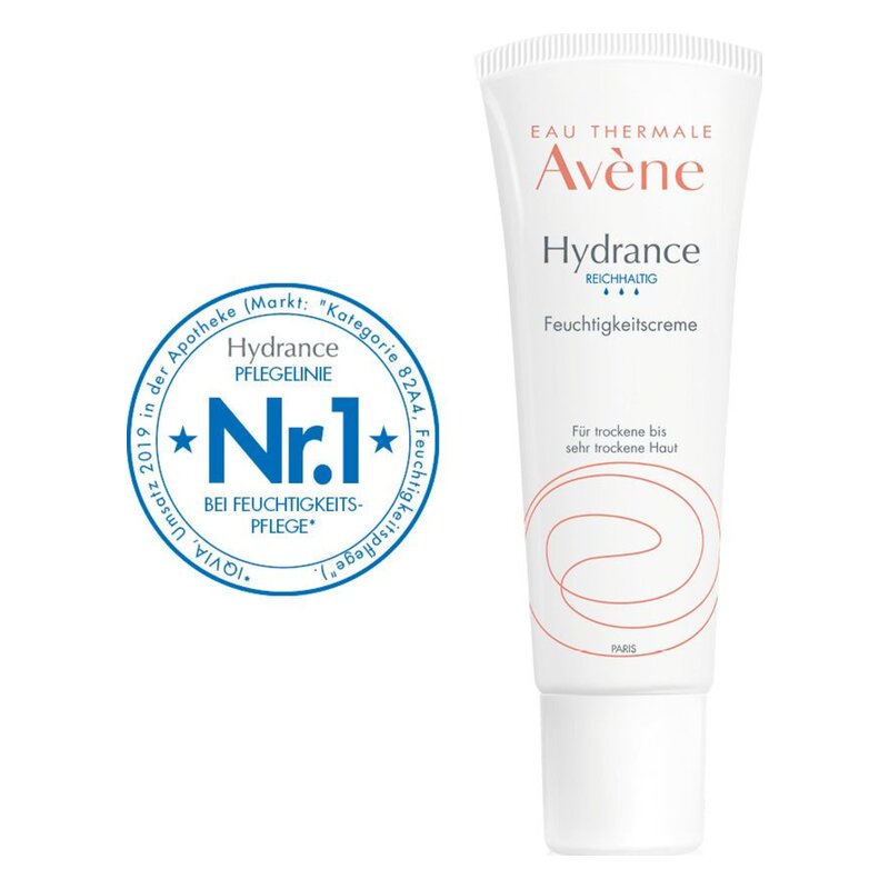 Tube mit Avène Hydrance Feuchtigkeitscreme für trockene Haut; enthaltenes Siegel für Nr. 1 bei Feuchtigkeitspflege.