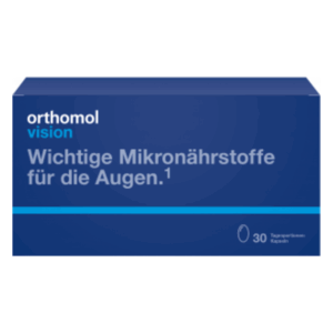 Packung orthomol vision mit blauem Design, Hinweis auf Mikronährstoffe für die Augen und 30 Kapseln.