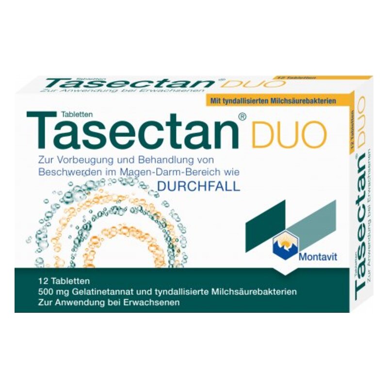 Packung Tasectan DUO zur Behandlung von Magen-Darm-Beschwerden, enthält 12 Tabletten mit Milchsäurebakterien.