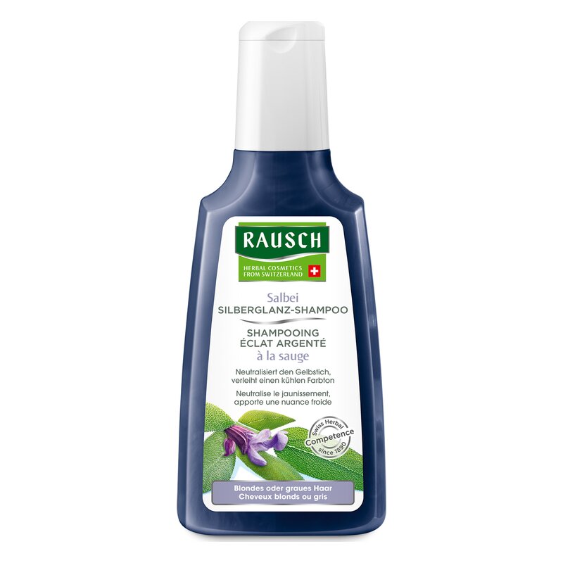 Flasche Rausch Salbei Silberglanz-Shampoo mit weißer und lila Etikettierung auf dunklem Hintergrund.