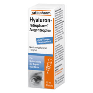 Verpackung von Hyaluron-ratiopharm Augentropfen, 10 ml Flasche mit Natriumhyaluronat zur Befeuchtung der Augenoberfläche.