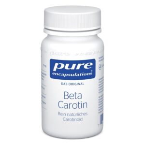 Weißes Fläschchen mit Schraubverschluss, beschriftet mit "Beta Carotin, rein natürliches Carotinoid" von Pure Encapsulations.