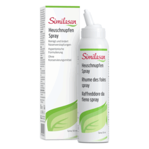 Bilder einer Verpackung und einer Sprühflasche mit Heuschnupfen-Spray von Similasan, 50 ml ohne Konservierungsmittel.