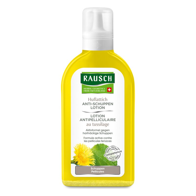 Flasche mit Rausch Huflattich Anti-Schuppen Lotion, gelbe Verpackung, mit floralem Motiv und Produktinformationen.