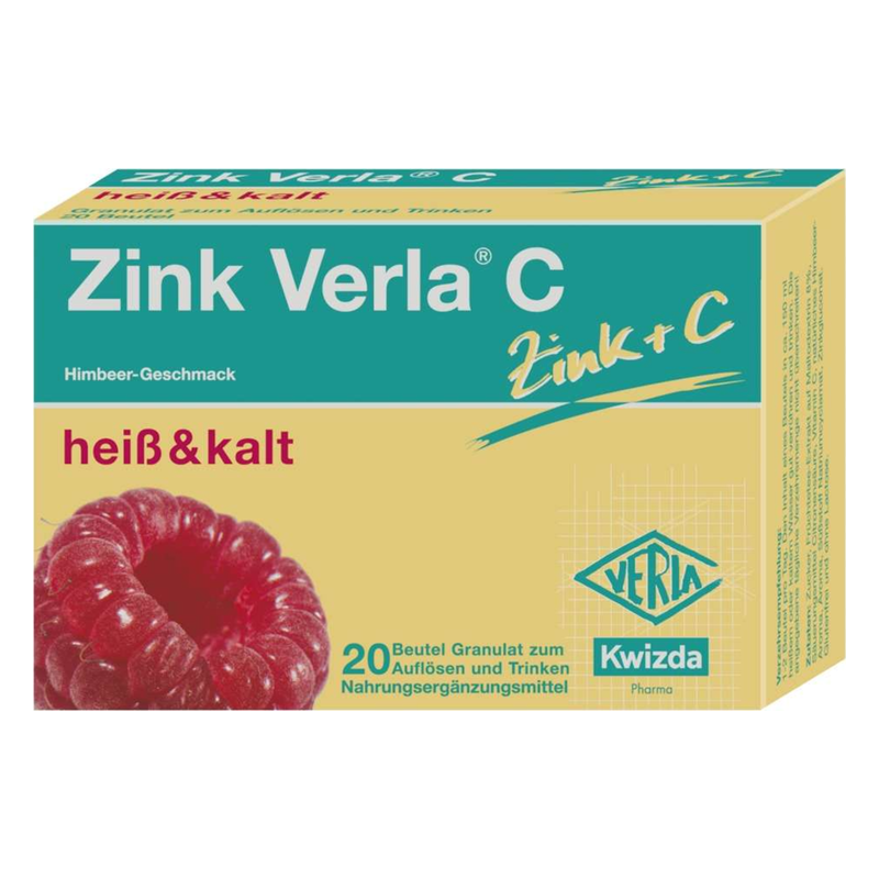 Verpackung von Zink Verla C mit Himbeer-Geschmack, für heiße und kalte Getränke, enthält 20 Beutel Granulat.