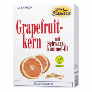 Verpackung des Nahrungsergänzungsmittels Grapefruitkern mit Schwarzkmümmel-Öl, verpackt in einer weißen Box.