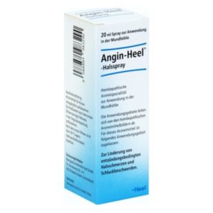 Verpackung eines 20 ml Angin-Heel-Halssprays zur Anwendung in der Mundhöhle, mit detaillierten Anwendungshinweisen.