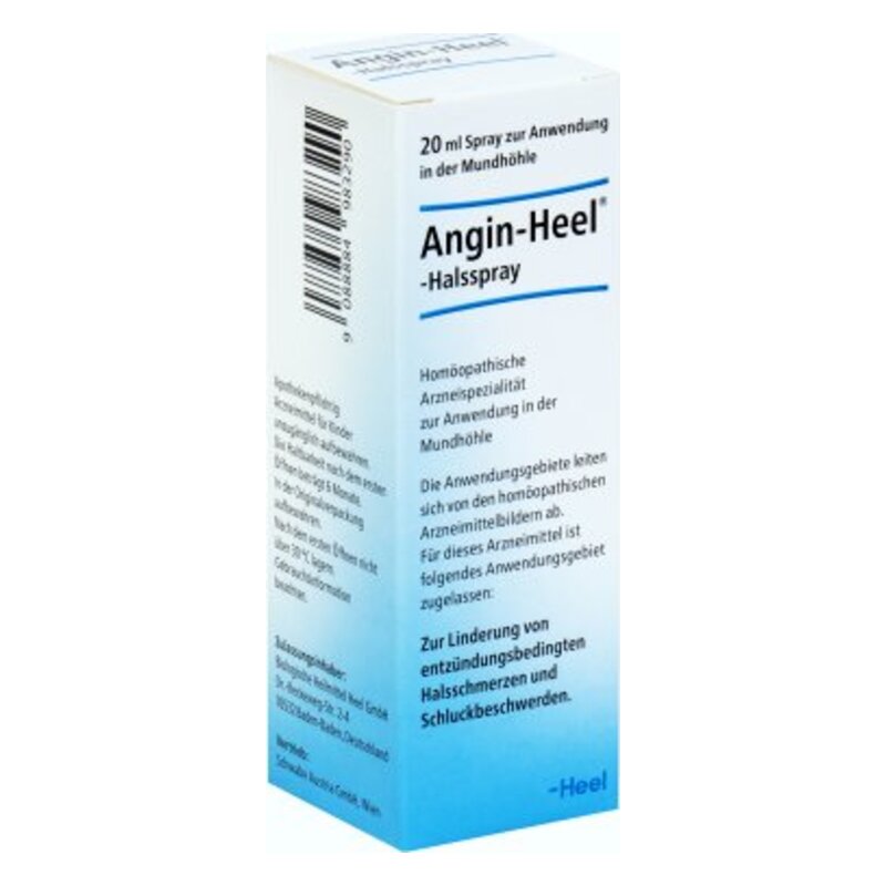 Verpackung eines 20 ml Angin-Heel-Halssprays zur Anwendung in der Mundhöhle, mit detaillierten Anwendungshinweisen.