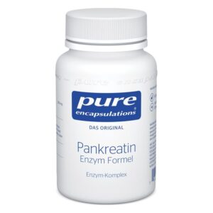 Weißes Tablettenfläschchen mit blauem Label, das Pankreatin Enzym Formel von Pure Encapsulations präsentiert.