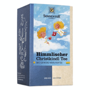 Verpackung des Himmlischen Christkindl Tees von Sonnentor, mit bunten Engeln und winterlichen Motiven.