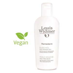 Flasche mit Duschöl von Louis Widmer für sehr trockene Haut, vegan und extra milde Reinigung.