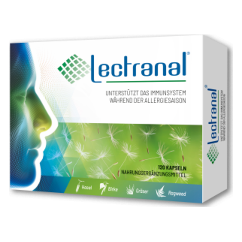 Verpackung des Nahrungsergänzungsmittels Lectranal zur Unterstützung des Immunsystems während der Allergiesaison.