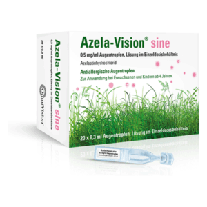 Verpackung von Azela-Vision sine, antiallergischen Augentropfen in Einzel- und Dosiseinheiten, mit Grafiken von grünem Gras.
