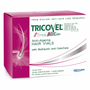 Verpackung von Tricovel Trico AGE45+ Anti-Aging Haarampullen für Frauen über 45 mit BioEquolo und ColorCare.