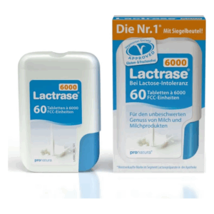 Lactrase Packung mit 60 Tabletten zur Laktoseintoleranz, im weißen und blauen Design.