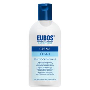 EUBOS Creme Ölbad in einer weißen Flasche mit blauen Details, empfohlen für trockene Haut.