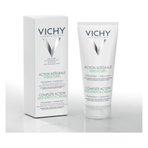 Vichy Anti-Stretch Cream in einer weißen Verpackung mit grünem Text, die vor und nach der Anwendung zeigt.