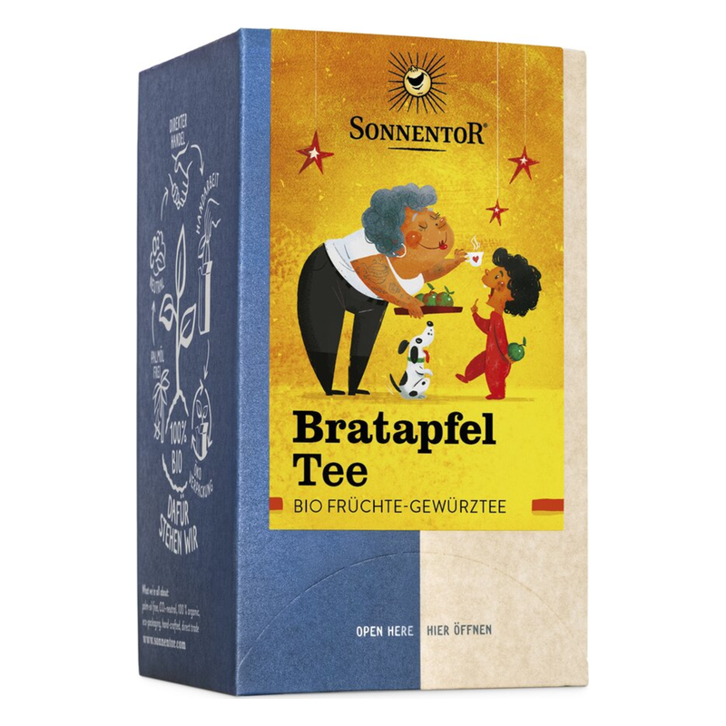 Verpackung von Bratapfel Tee mit kinderfreundlichem Design, inkl. Illustrationen und Bio-Hinweisen.