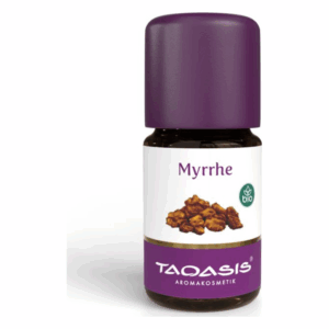 Braune Flasche mit lila Kappe, etikettiert mit 'Myrrhe' und einem Symbol für Bio-Qualität.