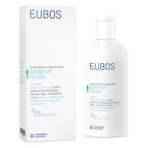 Flasche mit Duschöl von EUBOS für empfindliche, trockene Haut in einer weißen Verpackung mit blauer Schrift.