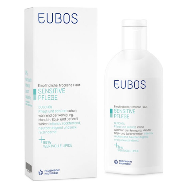 Flasche mit Duschöl von EUBOS für empfindliche, trockene Haut in einer weißen Verpackung mit blauer Schrift.