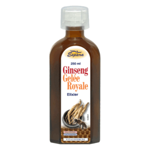 Flasche mit 250 ml Ginseng Gelée Royale Elixier, braune Flüssigkeit und Deckel, gluten- und laktosefrei.