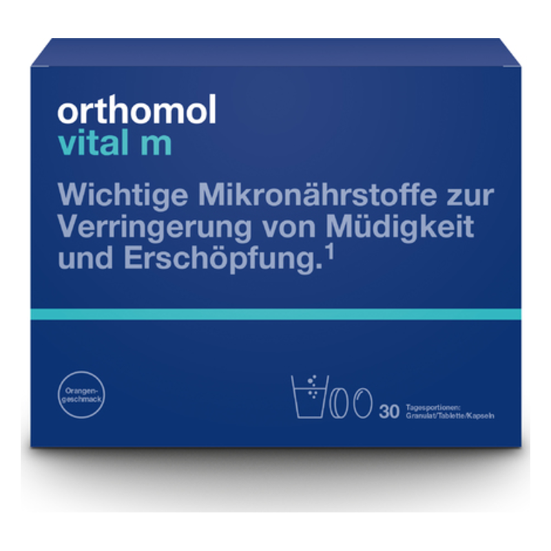 Verpackung von Orthomol vital m in Dunkelblau mit Informationen zu Mikronährstoffen gegen Müdigkeit und Erschöpfung.