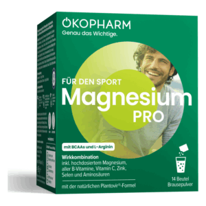 Produktverpackung von ÖKOPHARM Magnesium PRO mit Informationen zur Wirkstoffkombination für Sportler.