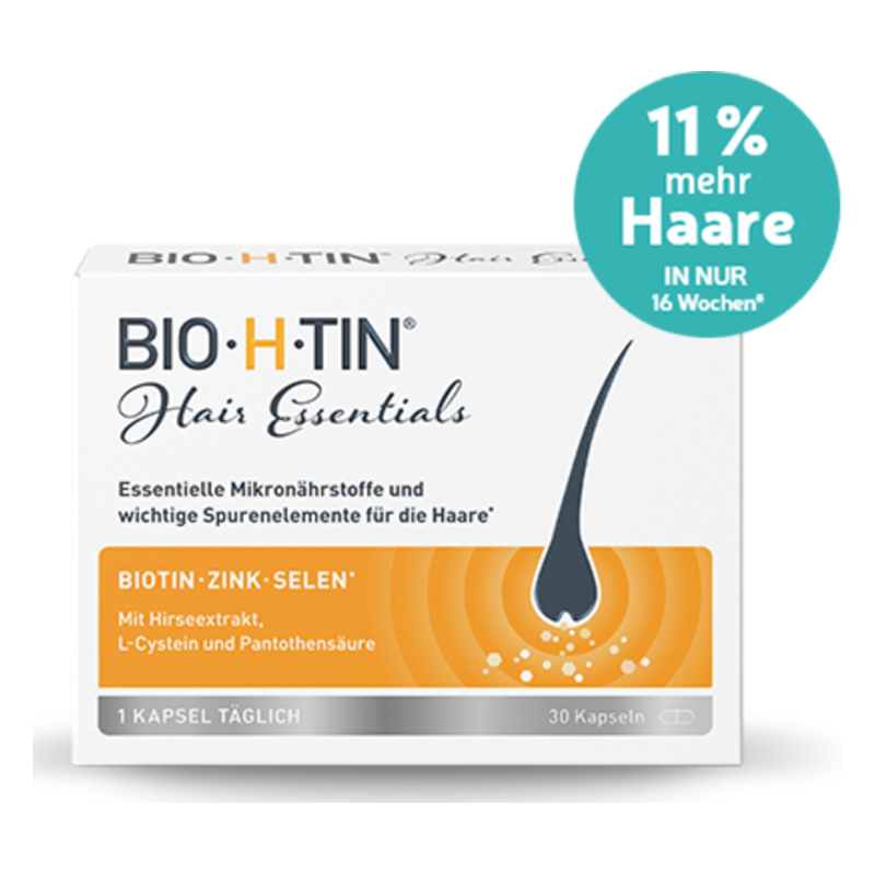 Verpackung von BIO-H-TIN Hair Essentials mit hervorgehobenen Inhaltsstoffen für Haarwachstum.
