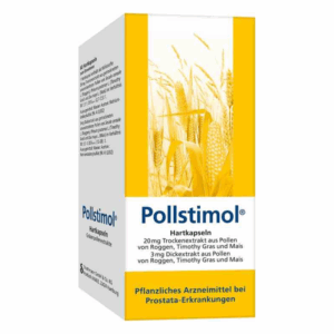 Verpackung von Pollstimol Hartkapseln mit gelber Gestaltung und Grafiken von Getreideähren, zur Anwendung bei Prostata-Erkrankungen.