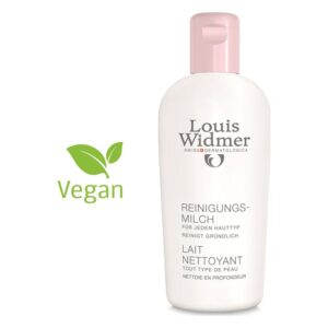 Flasche mit Reinigung Milch von Louis Widmer, vegan, für alle Hauttypen, mit rosa Kappe.