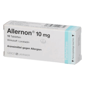 Weißer Karton mit blauer und schwarzer Schrift, enthält 10 Tabletten mit Loratadin, Antiallergikum.