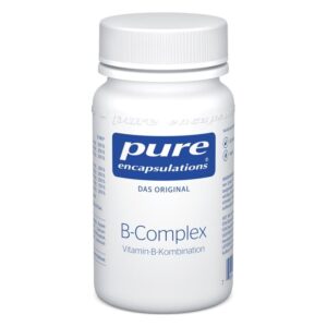 Weißer Behälter mit Schraubverschluss, beschriftet mit 'B-Complex Vitamin-B-Kombination' und Logo von Pure Encapsulations.