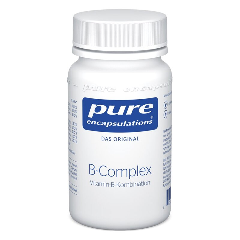 Weißer Behälter mit Schraubverschluss, beschriftet mit 'B-Complex Vitamin-B-Kombination' und Logo von Pure Encapsulations.