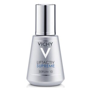 Silbernes Serumfläschchen von Vichy mit blauer Schrift für Liftactiv Supreme Serum 10, mit glänzendem Verschluss.