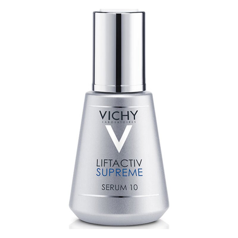 Silbernes Serumfläschchen von Vichy mit blauer Schrift für Liftactiv Supreme Serum 10, mit glänzendem Verschluss.