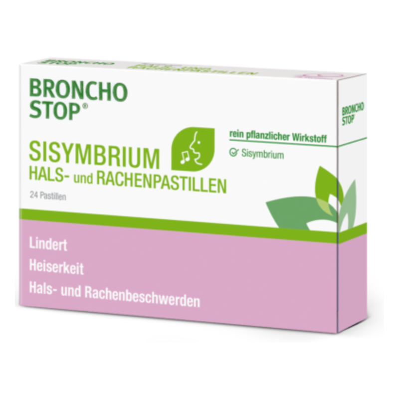 Verpackung von Broncho Stop Sisymbrium Hals- und Rachenpastillen, 24 Pastillen in einer Box zur Linderung von Heiserkeit.