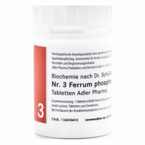 Runddose mit weißen Tabletten für homöopathisches Arzneimittel Ferrum phosphoricum von Adler Pharma.