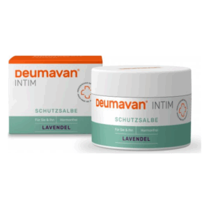 Deumavan Intim Schutzsalbe in glattem weißen Tiegel, umgeben von einer schützenden Verpackung mit lila und grünen Elementen.