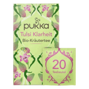 Verpackung von Pukka Tulsi Klarheit Bio-Kräutertee mit Teebeutel und floralem Design.