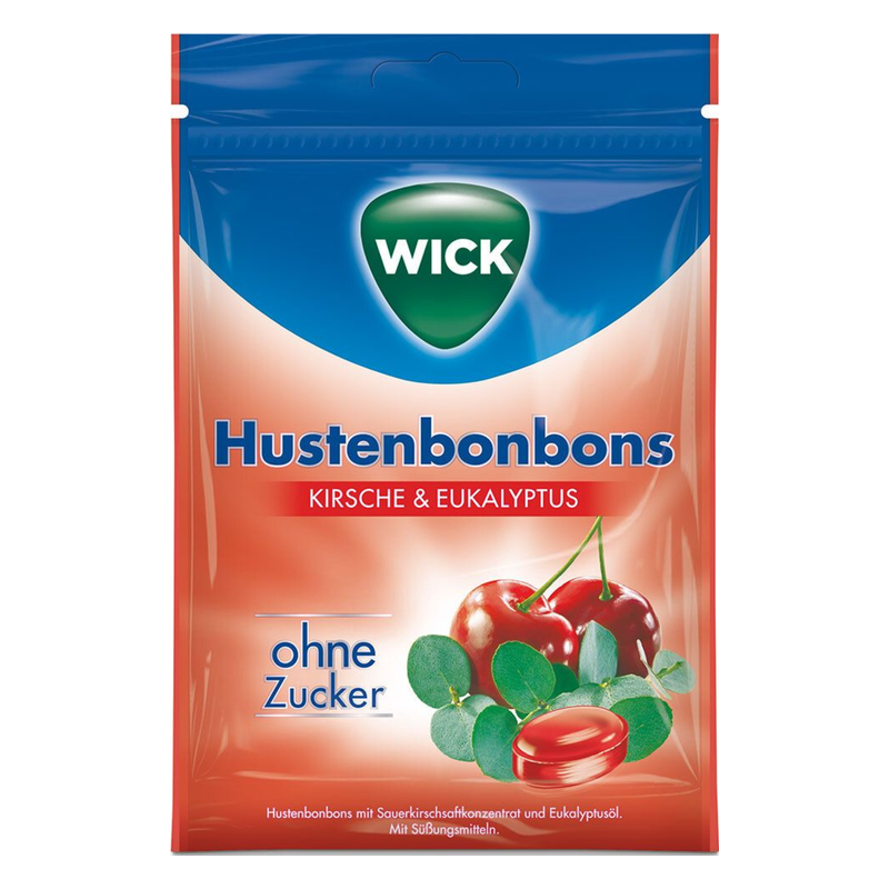 Verpackung von Wick Hustenbonbons mit Kirsche und Eukalyptus, ohne Zucker, mit Kirschen und Eukalyptusblättern auf der Vorderseite.