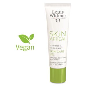 Ein Tube Gesichts-Gel von Louis Widmer mit grüner Schrift, gekennzeichnet als vegan und für unreine Haut geeignet.