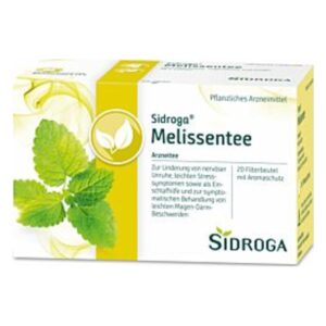 Verpackung von Sidroga Melissentee, Kräutertee in einer Box mit 20 Teebeuteln für entspannende Wirkung.