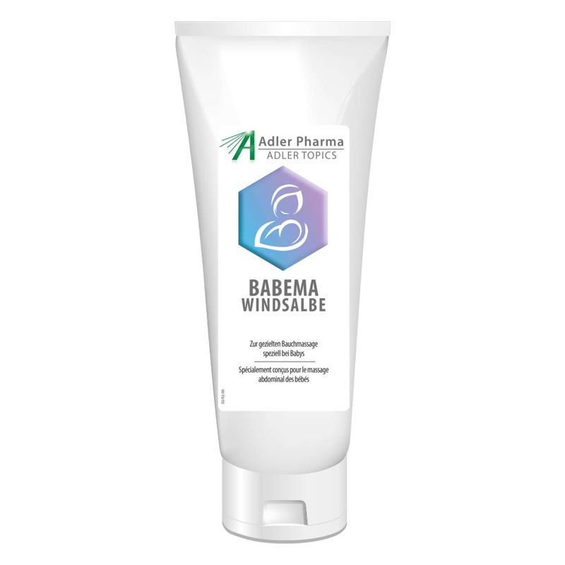 Tubenverpackung mit Babema Windsalbe für Bauchmassage bei Babys, mit Symbol eines Babys und Anwendungshinweis.