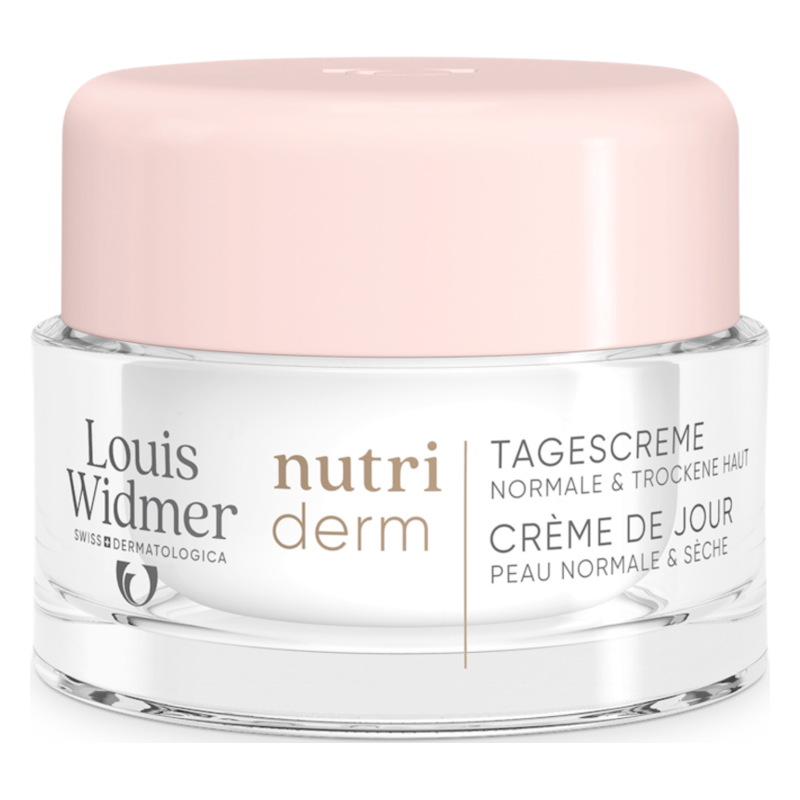 Glasjar mit rosa Deckel, enthält Tagescreme für normale und trockene Haut von Louis Widmer.