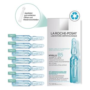 Sieben transparente Ampullen mit Hyaluron und B5 für eine Woche Anti-Falten-Anwendung, verpackt in einer weißen Box.