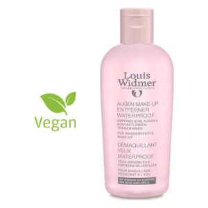Flasche mit wasserfestem Augen-Make-up-Entferner von Louis Widmer, rosa Verpackung, vegan gekennzeichnet.