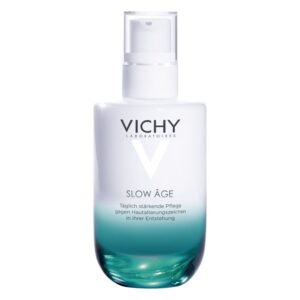 Transparente Flasche mit einem sanften Farbverlauf von Weiß zu Blau, enthält Vichy Slow Âge Hautpflege.