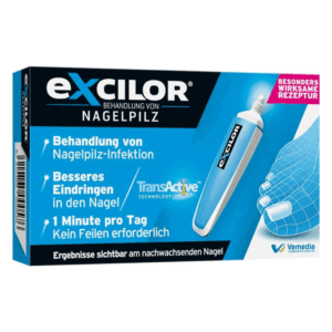 Verpackung von Excilor zur Behandlung von Nagelpilz, mit Applikator und Angaben zur Anwendung.